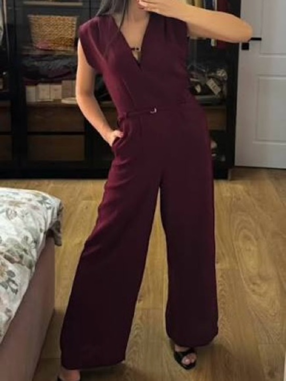 Zara Wide-Leg Belted Jumpsuit Maroon Size Small Elegant V-Neck Wide Leg - Picture 9 of 16